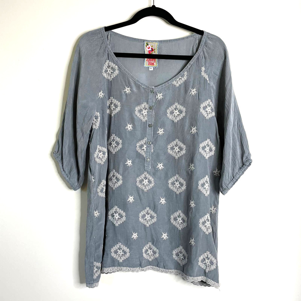 Johnny Was Henley Grey Embroidered Blouse M